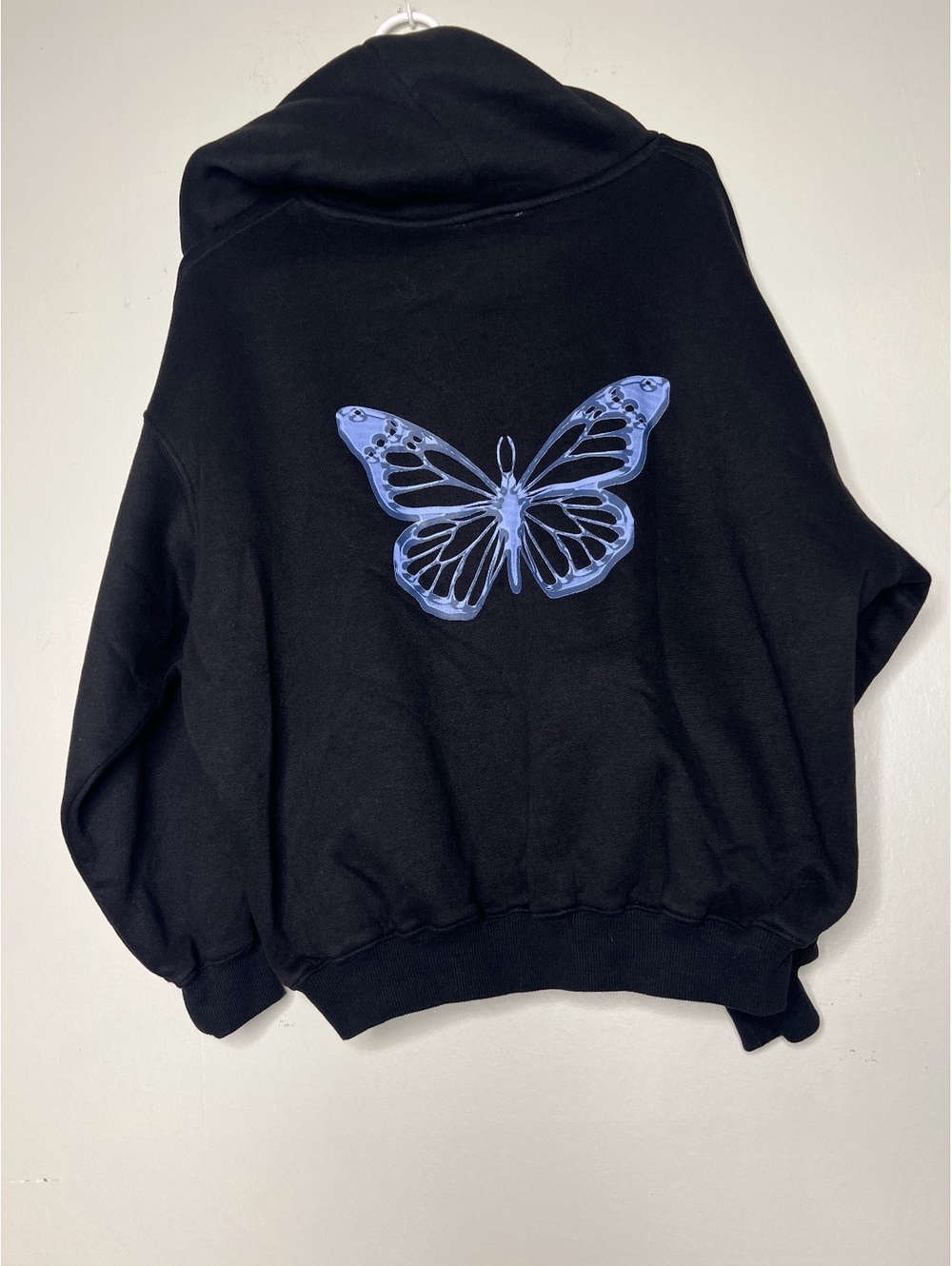 Women's Princess Polly Black Hoodie with Blue Butterfly Graphic, Size US 4